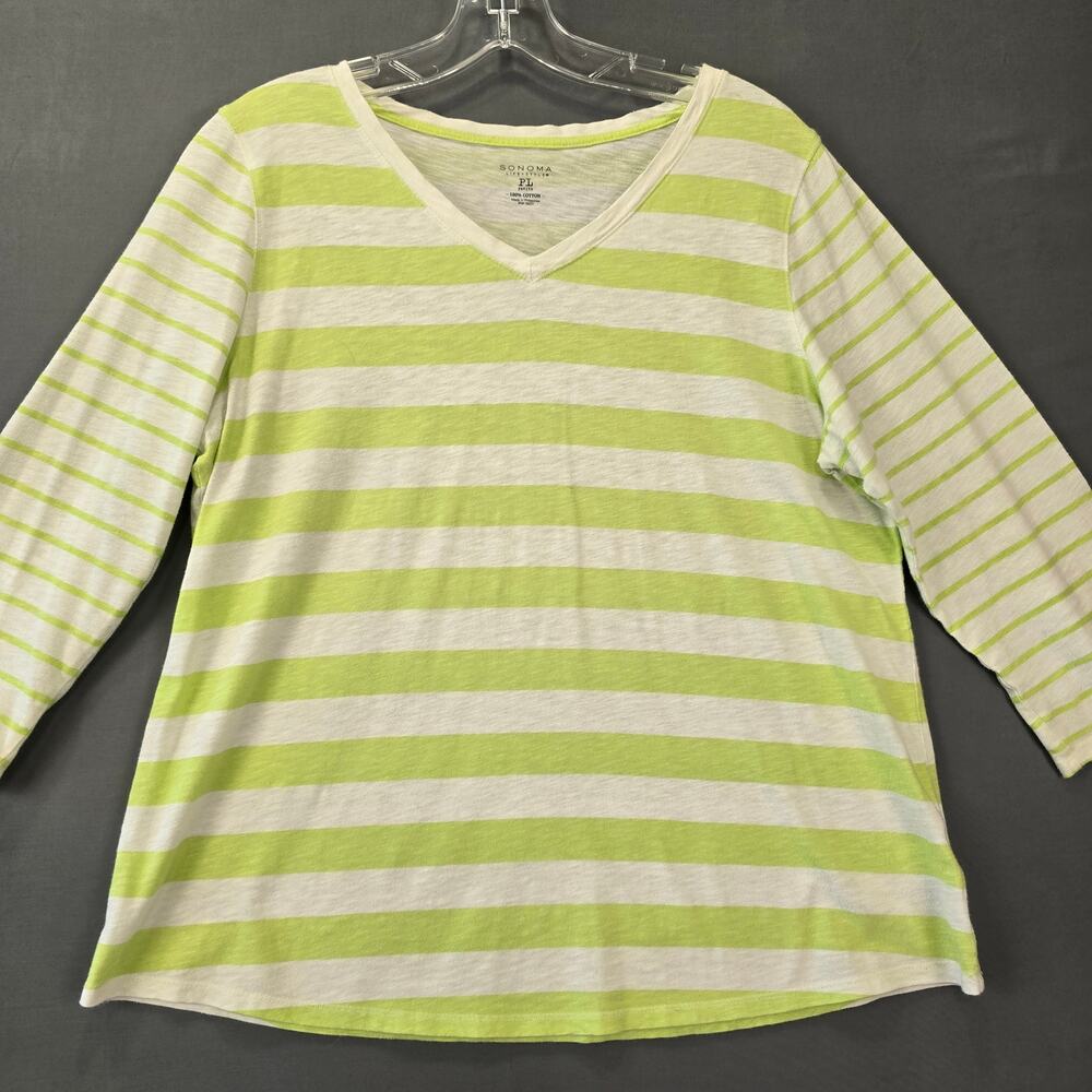 Sonoma White Green Shirt Preppy Striped Tee V-Neck 3/4 Sleeves Women's L Petite